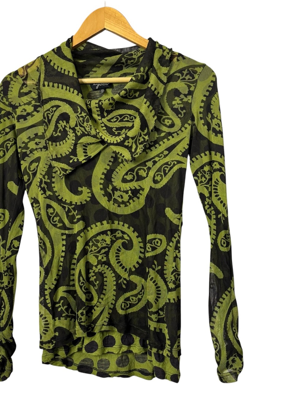 Lynn Ritchie Two Layers Polka Paisley Olive Black Mesh Blouse Top Size M